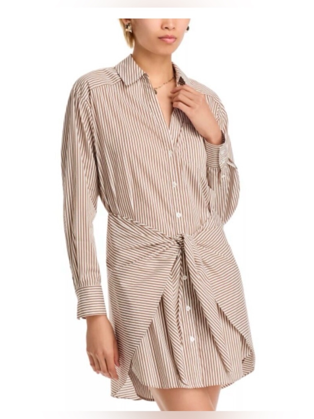 Veronica Beard Beige and White Striped Tie-Front Shirt Dress Size 4 - Picture 4 of 15